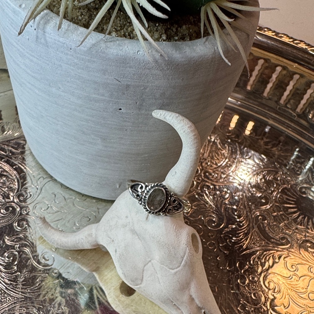 Sterling Silver Moonstone Ornate Ring with hearts. Size 8